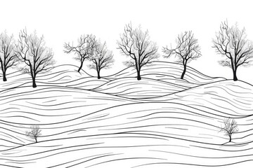 Wall Mural - Coloring book illustration of a serene snow covered field with gentle hills and bare trees