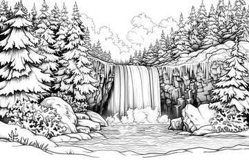 Wall Mural - Coloring book illustration of a majestic waterfall surrounded by winter scenery