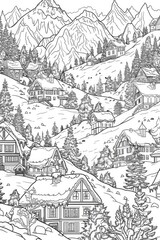 Wall Mural - Coloring book illustration of a serene winter wonderland mountain scenery featuring traditional houses