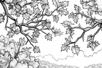 Wall Mural - Coloring book illustration of a landscape featuring autumn leaves on tree branches