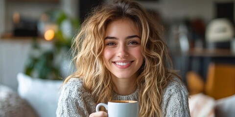 Happy woman with coffee mug at home, Generative AI