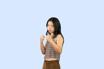 Excited Asian Student Girl gives expression hand fa gesture of sad, wow, happy, laughing in blue background