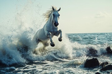 Poster - A white horse gallops through calm water, its mane and tail flowing in the wind