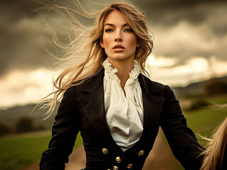 A young woman in a black and white outfit rides a horse in a field. The sky is cloudy.