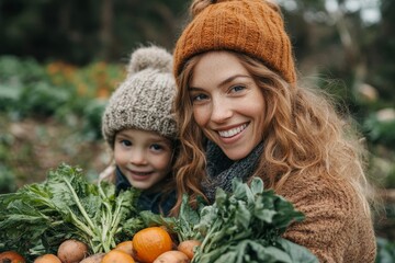 Young mother gathering fresh vegetables with her children, Generative AI