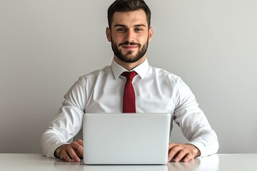 Wall Mural - Smart business men wearing a red tie, sitting behind a laptop on a white desk
