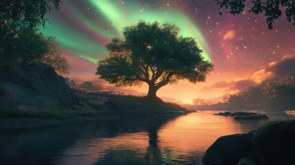 a tree's reflection shimmering in the river as the sun rises, with northern lights swirling above, c