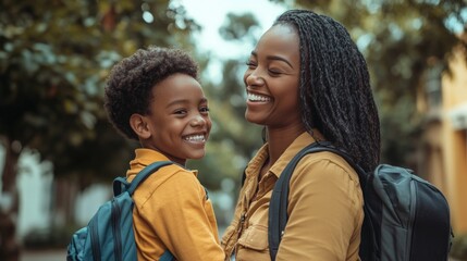 Poster - A happy mother and her young child share a warm moment, arms wrapped around each other in affection