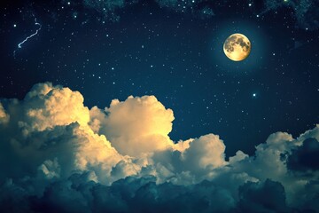 Wall Mural - A bright full moon shines in a dark blue night sky, great for use in images about nature, space, or inspiration