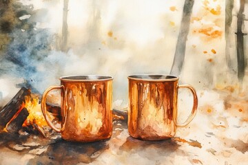 Wall Mural - Two copper mugs sit next to a warm campfire, perfect for a cozy outdoor scene