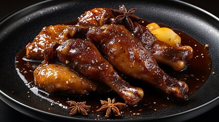 Wall Mural - Close-up of braised chicken legs with star anise and sauce on a black plate.