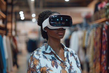 A woman shops with virtual reality technology in a store, exploring digital worlds