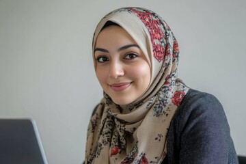 Poster - A smiling woman wearing a headscarf, ready for a casual outing or portrait