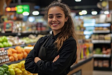 Wall Mural - A woman shopping for groceries in a supermarket