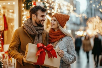 Canvas Print - A happy couple holding a wrapped gift in front of a decorated Christmas tree