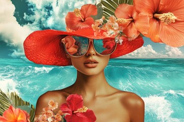 A woman wearing a bright red hat, sunglasses, and flowers on her head