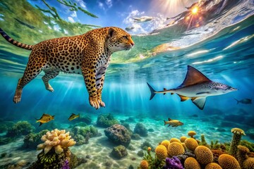 Sticker - Majestic Leopard and Unique Stingray Swimming Together in Vibrant Underwater Ecosystem Scene