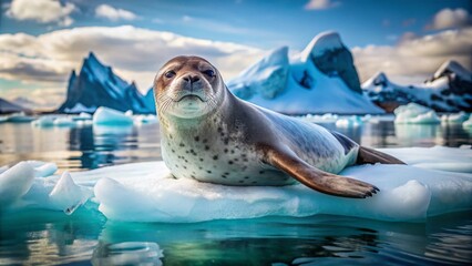 Sticker - Majestic Leopard Seal Resting on Ice with Crystal Clear Water in the Background of Antarctica