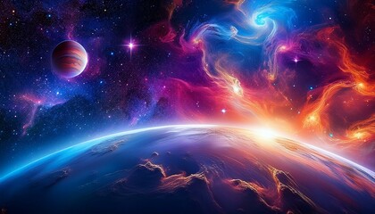 Outer space nebula with swirling clouds of vibrant gas, distant stars, and a glowing planet in the background. Deep space theme, high contrast colors