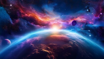 outer space nebula with swirling clouds of vibrant gas, distant stars, and a glowing planet in the b