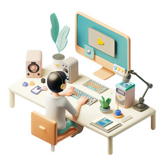 Wall Mural - 3d of a person working remotely from home office setup with headphones microphone keyboard and plant