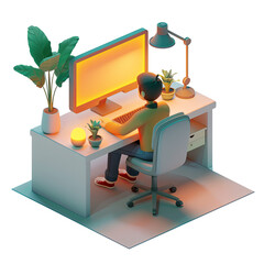 Wall Mural - 3d home office workspace freelancer working from home desktop computer keyboard mouse desk lamp plan