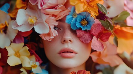 Wall Mural - Close-up of a woman's head adorned with flowers, great for beauty or lifestyle concepts