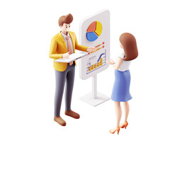 Wall Mural - 3d business people discussing pie chart and bar graph analytics teamwork office work presentation bu
