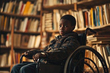 Sticker - A young boy sits in his wheelchair surrounded by books, enjoying his reading time