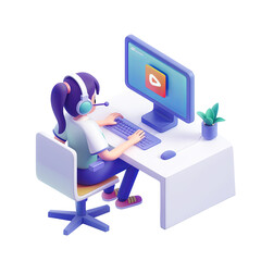 Wall Mural - 3d of a student studying online watching video tutorials with headphones elearning concept online ed
