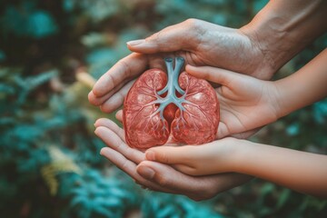 Canvas Print - A pair of hands holding a model of a human heart, suitable for medical and educational purposes