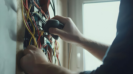 Electrician is installing wiring in a modern home with tools and colorful cables while focused on the task at hand