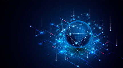 Fototapete - Global connection network background. World map. High-speed internet technology concept or fast wireless data transmission. modern internet network connection technology background	