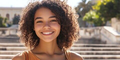 Wall Mural - Smiling Woman Standing in an Ancient Greek Amphitheater