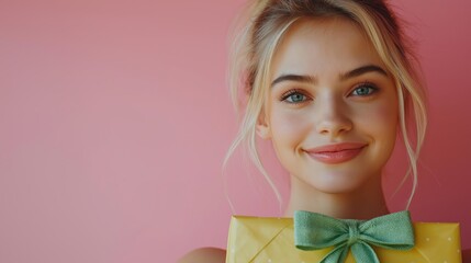 A beautiful woman holding a large yellow gift with pink pastel background