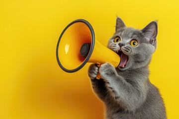 Poster - A curious gray cat holds a colorful megaphone in its paws, ready to make some noise