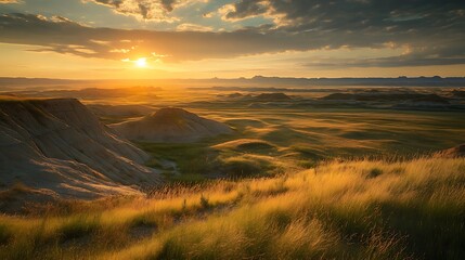 Canvas Print - Golden sunset over a vast grassy plain with hills in the distance.