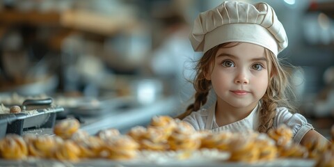 Cute girl chef in a chef's hat preparing cookies