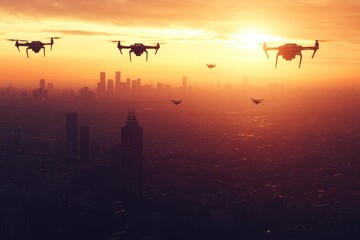 Wall Mural - aerial view of airplanes passing by the city skyline during sunset, great for urban development or t