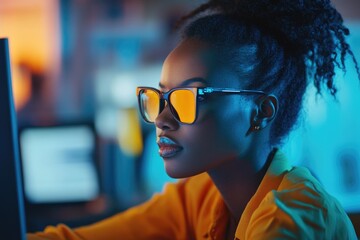 Poster - A person with glasses looks at a computer screen, possibly working or browsing