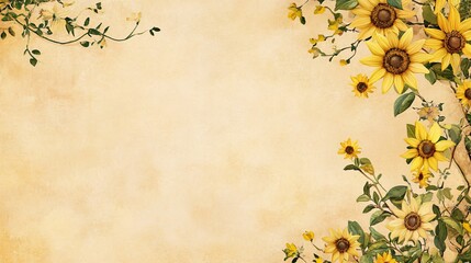 Wall Mural - Floral border of yellow sunflowers on vintage textured background with copy space.