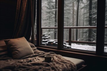 Wall Mural - Photography of a view inside the cabin in the winter forest furniture window snow.