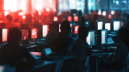 Silhouettes in the Digital Landscape: A Modern Office at Night