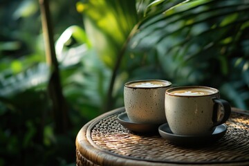 Sticker - Two cups of coffee sitting on a wicker table, perfect for a cozy moment