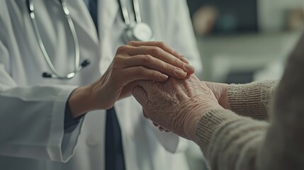 Poster - A doctor holding hands with a patient, showing compassion and care