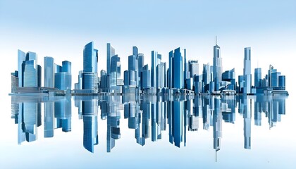 Wall Mural - Dreamlike virtual cityscape with blue and white reflections in a serene landscape