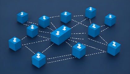 Wall Mural - Conceptual representation of social network connections with blue wooden blocks symbolizing digital interactions