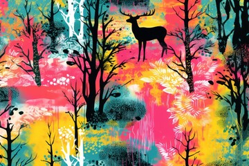 Sticker - Forest with animal pattern backgrounds painting mammal.