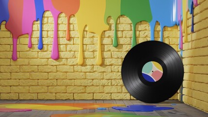 Colorful vinyl record, brick wall background with colorful paint dripping, nostalgia concept.