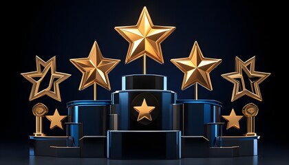 Wall Mural - Glossy Yellow Stars in Clouds on Blue Background Symbolizing Customer Ratings and Achievements in Gaming Feedback